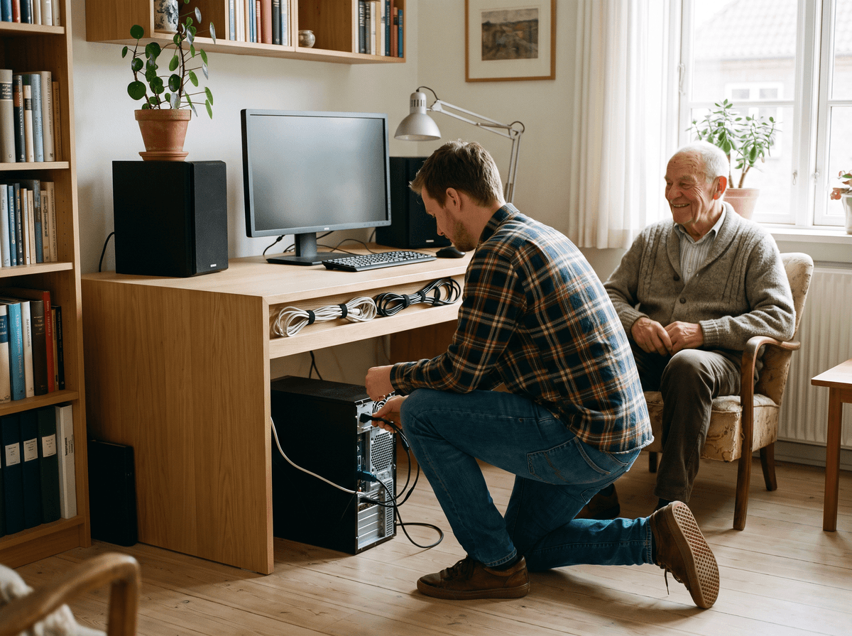 Iphone Ny Windows 11 computer sat op med printer og e-mail