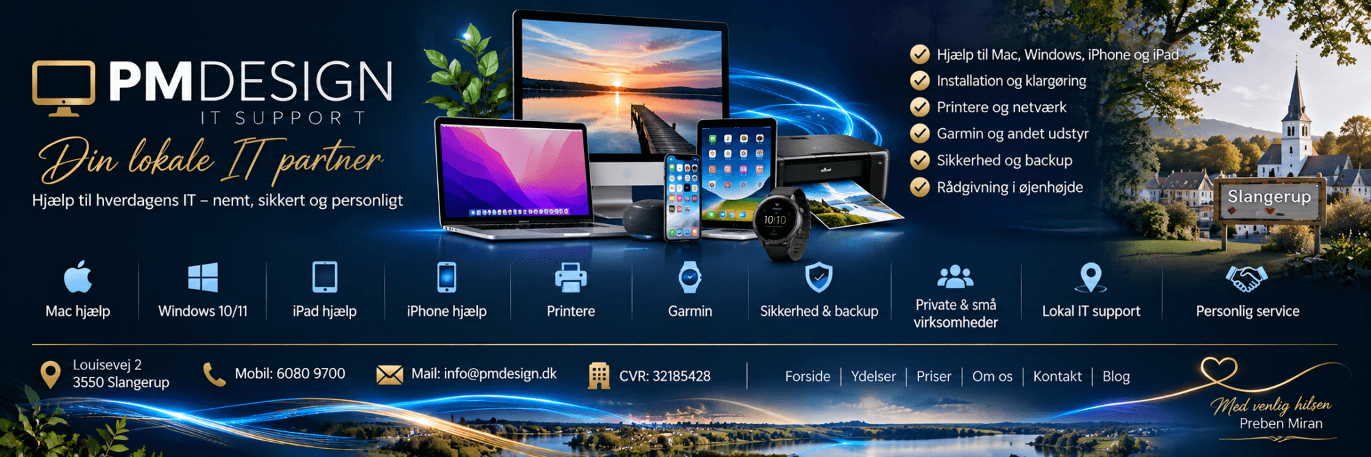 PM Design – farverig IT-support footer med computere, telefoner, printer, Garmin og kontaktoplysninger